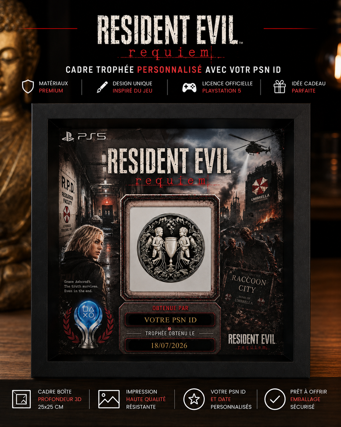 Resident Evil Requiem – Cadre Trophée PS5 Personnalisé (25x25 cm)
